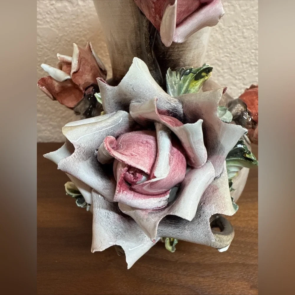 Vintage Capodimonte Italian Porcelain Bisque Rose Vase 7.5